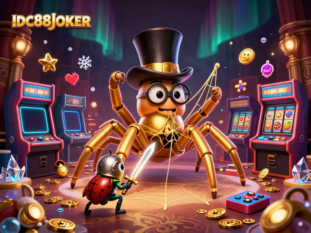 Engaging scene of IDC88JOKER featuring a golden tarantula, a brave beetle knight, and vibrant gaming elements.