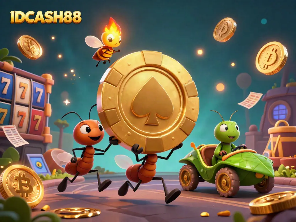 Experience thrilling gameplay with IDCASH88's vibrant casino scene featuring cartoon ants, Bitcoin coins, and gaming elements.