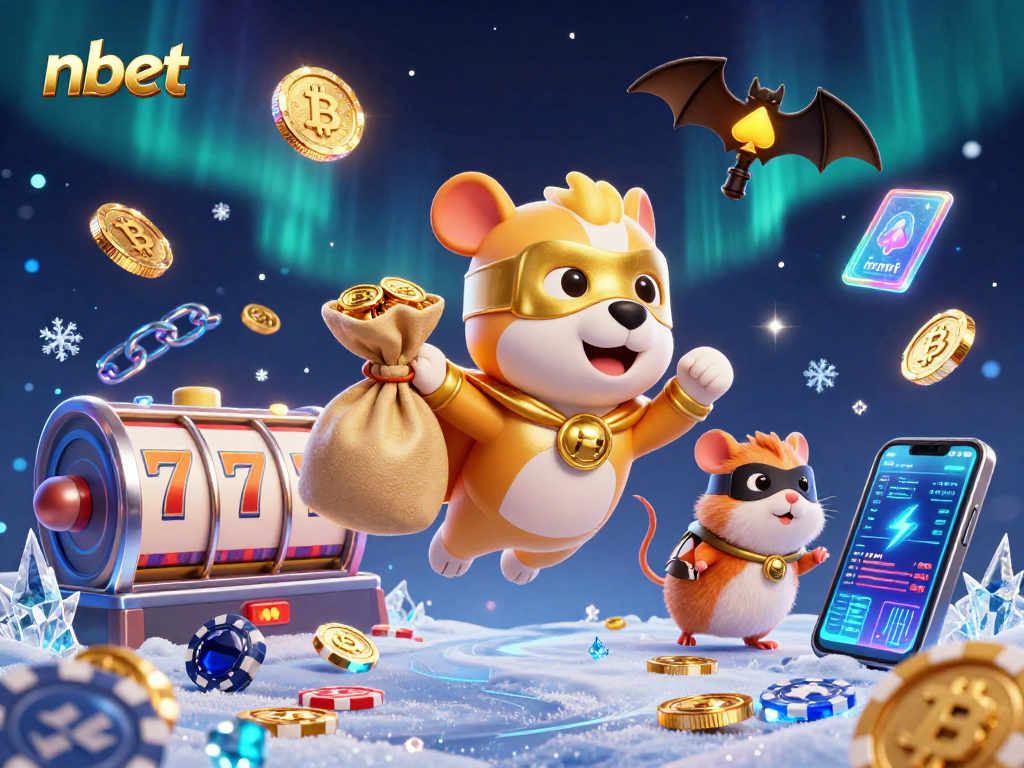 Experience thrilling wins at nbet with a superhero dog flying amid jackpot slots and crypto coins.