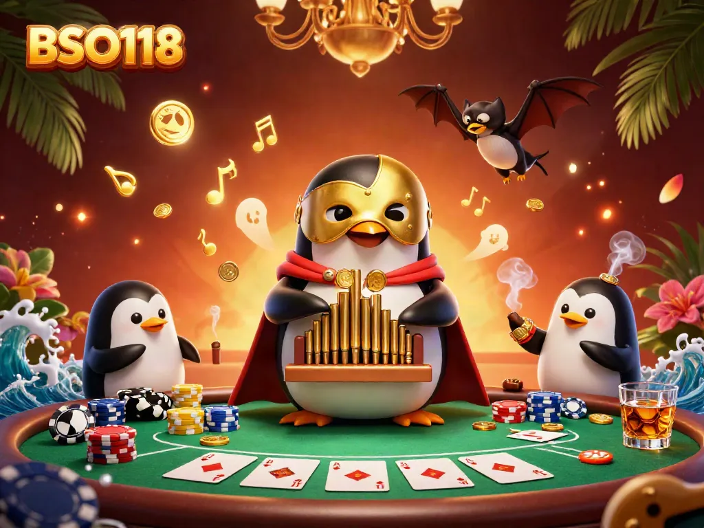 Experience thrilling gameplay at BSO118 with a captivating 3D scene of a penguin playing an organ amid poker elements.