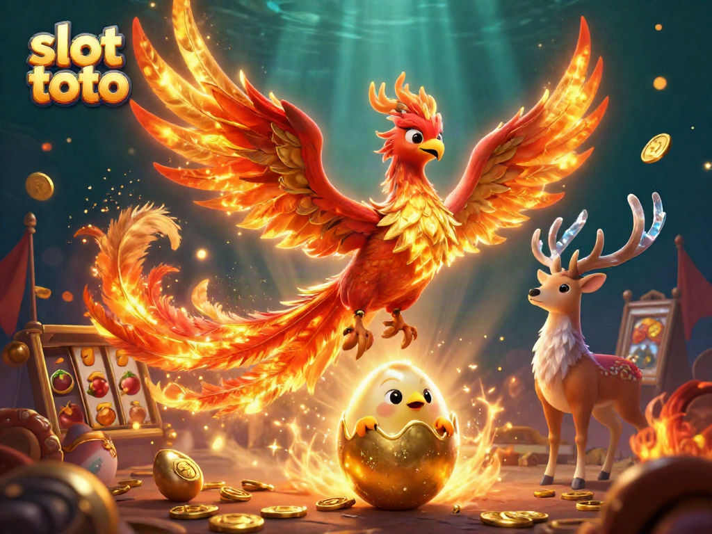 Menangkan slot toto dengan phoenix berapi dan simbol keberuntungan dalam ilustrasi 3D