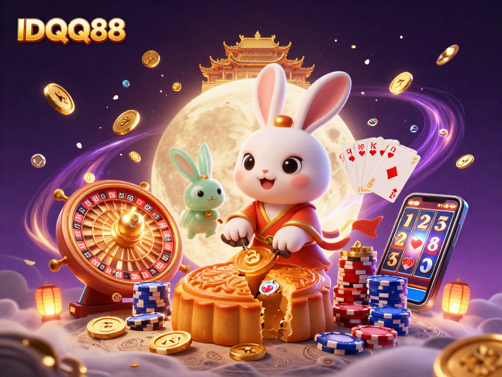 IDQQ88 features a colorful scene with a moon rabbit and casino elements including poker chips and golden coins.