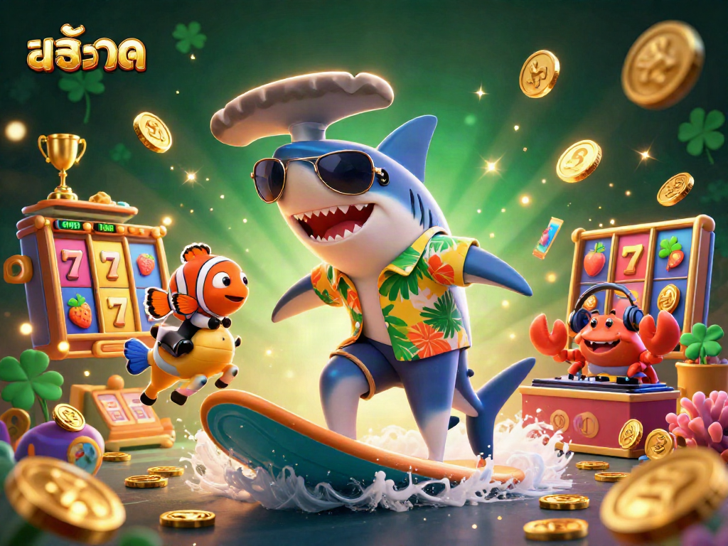 Engage with สล็อต action as the hammer-head shark surfs on gold coins surrounded by vibrant slot elements.