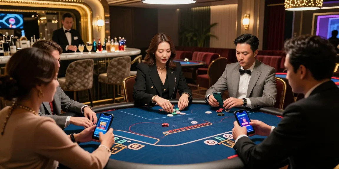 Sejumlah pemain di lounge judi mewah menggunakan LUXURY777 Daftar, suasana glamor dan semarak.