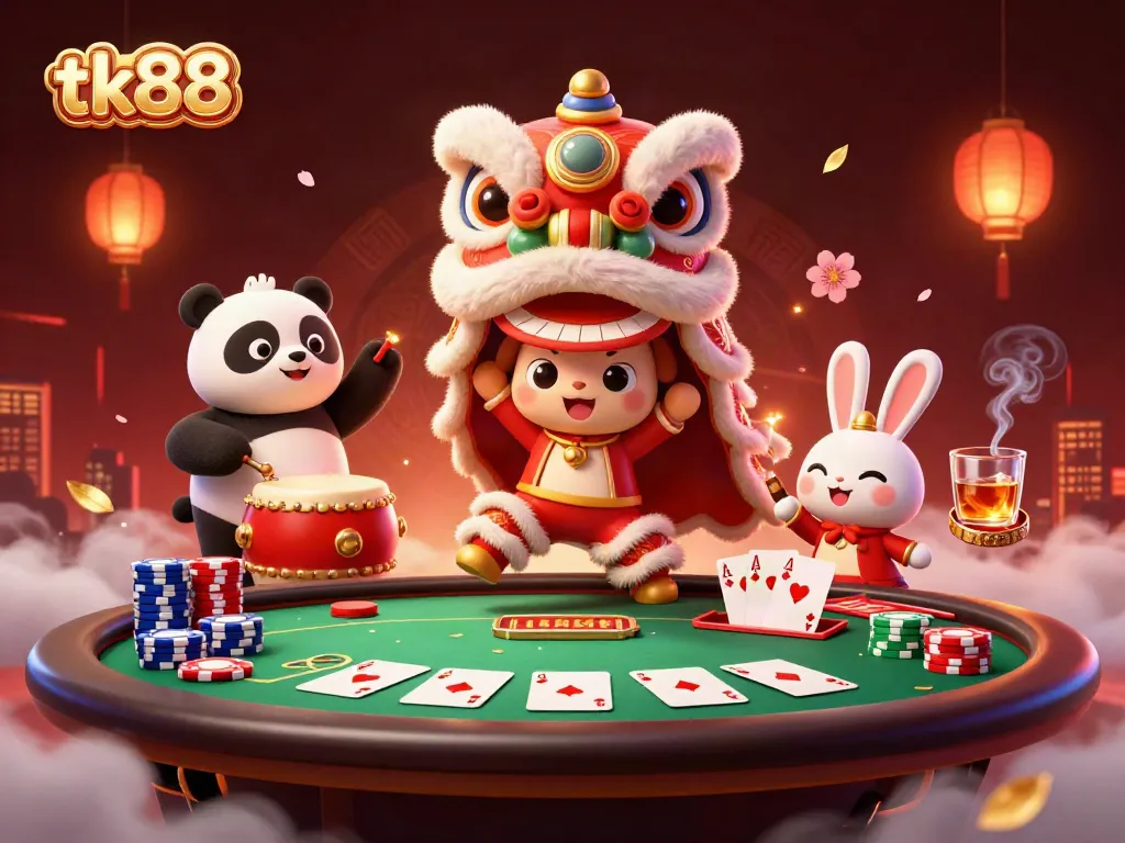 Experience the excitement of tk88 with a vibrant 3D casino scene featuring a lion dance, panda, and rabbit among poker elements.