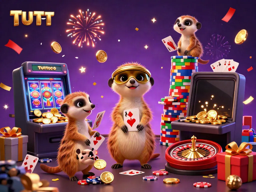 TUTITOTO meerkats run a dynamic casino, showcasing vibrant games and rich details in a playful scene.