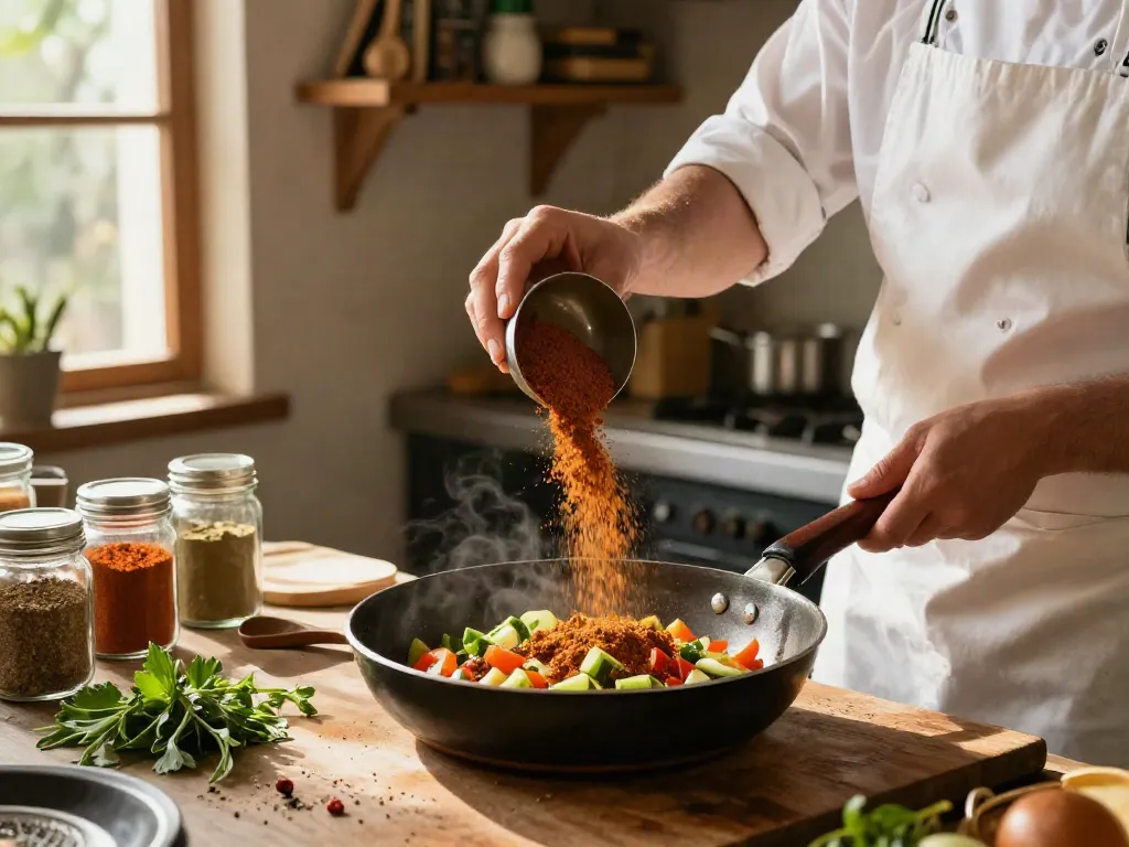 Proses memasak dengan bubuk annatto dalam wajan, suasana dapur cerah.