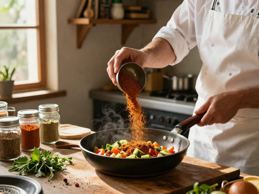 Proses memasak dengan bubuk annatto dalam wajan, suasana dapur cerah.
