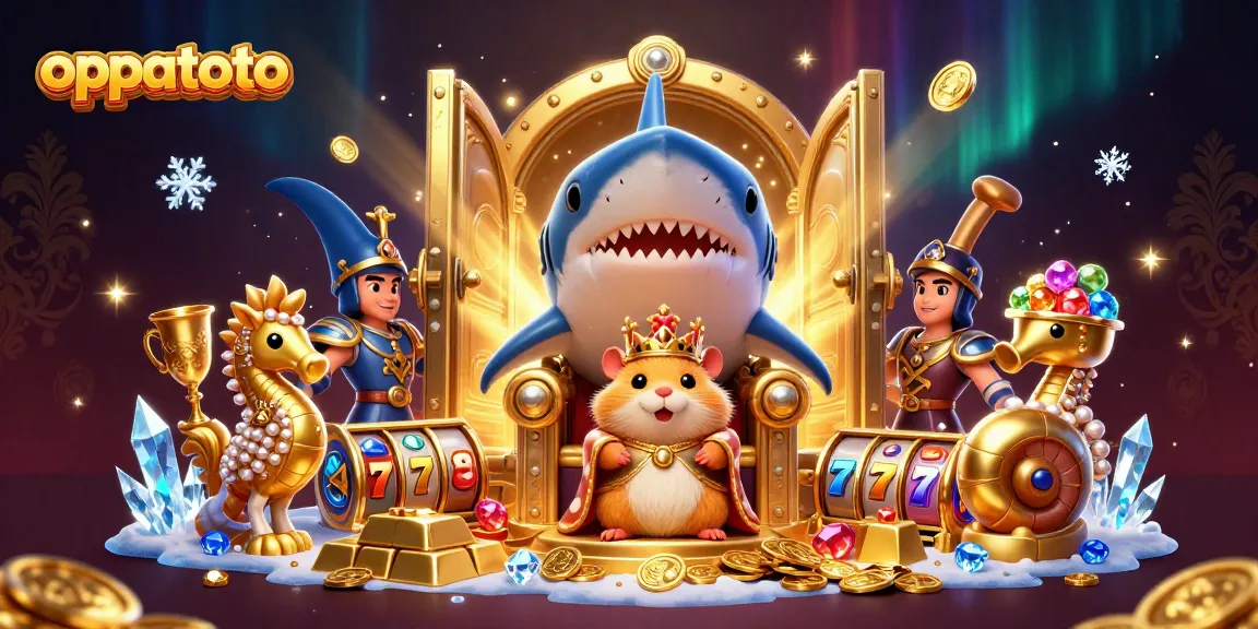 oppatoto's golden hamster king sits on a massive shark tooth throne surrounded by sparkling casino treasures