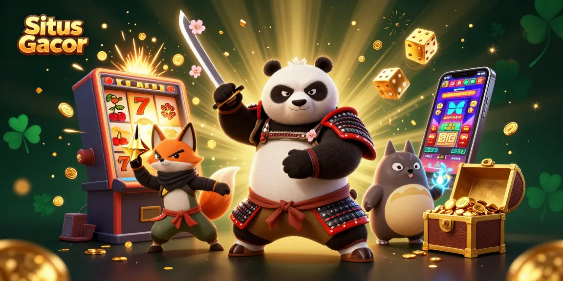 Situs Gacor menampilkan panda samurai dan rubah ninja dalam ilustrasi kasino yang dinamis dan penuh warna.
