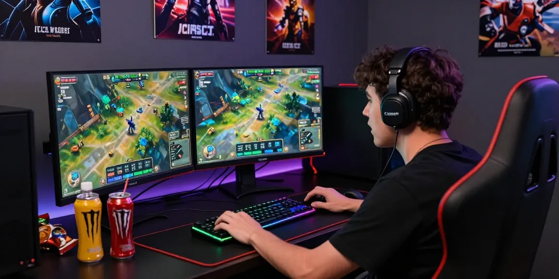 Gambar pemain fokus pada permainan sniperslot dengan peralatan gaming canggih di ruangan gelap.