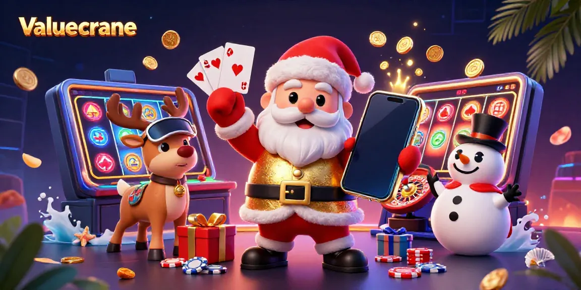 Kemeriahan valuecrane di kasino dengan Santa, rusa, dan salju, menampilkan slot jackpot berwarna-warni.