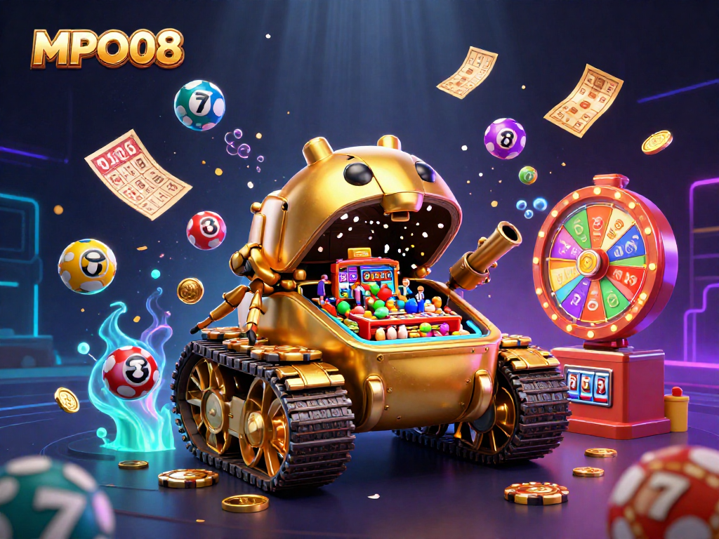 MPO08 features a vibrant, interactive casino scene with a golden beetle tank showcasing thrilling games and festive elements.