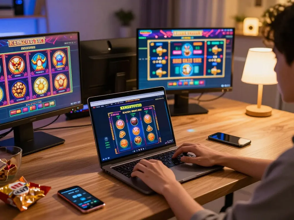 Experience slot gacor hari ini gameplay at home, celebrating wins on laptop in a cozy modern setup.