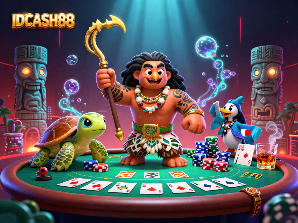 Engage with IDCASH88's vibrant casino world featuring a hawk demigod, poker chips, and glowing tiki statues.