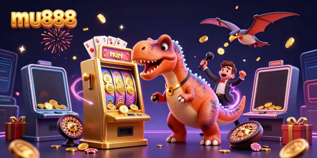 Experience the thrill of mu888 with a dinosaur winning jackpot coins from a slot machine in a vibrant casino scene
