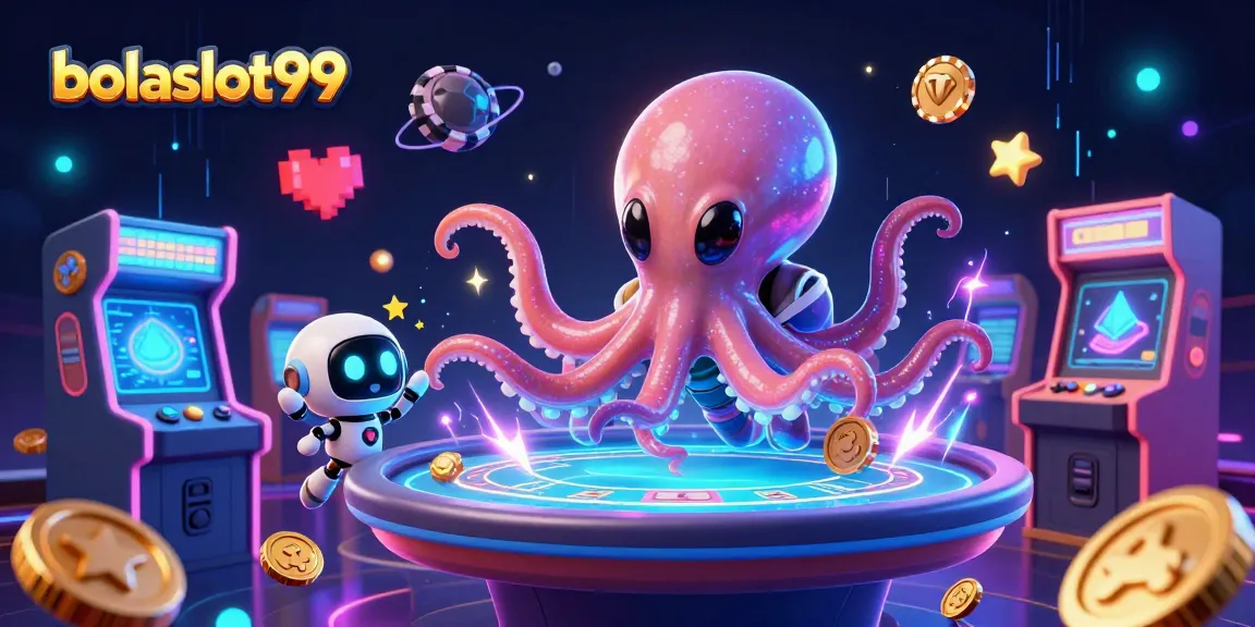 Bolaslot99 showcases a vibrant scene with an alien octopus and games, creating a thrilling casino atmosphere.