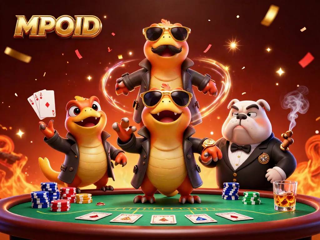 MPOID showcases three raptors in a trench coat humorously trying to enter a casino lounge filled with poker elements.
