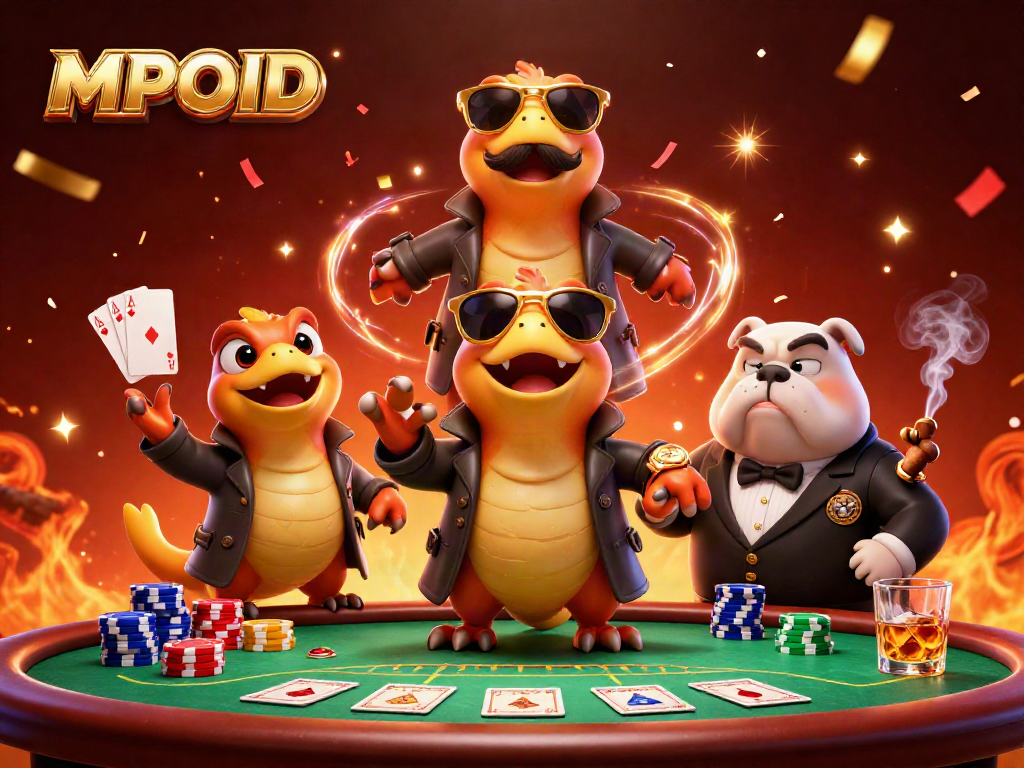 MPOID showcases three raptors in a trench coat humorously trying to enter a casino lounge filled with poker elements.