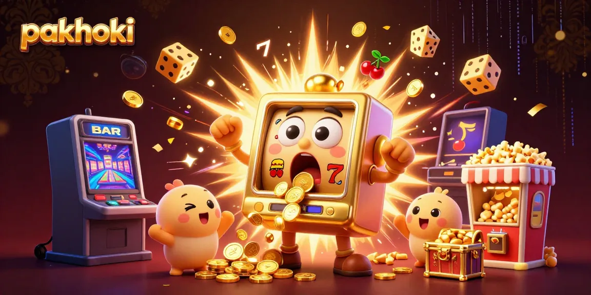 Pakhoki menghadirkan momen menggembirakan saat slot machine emas memenangkan jackpot dengan koin berjatuhan.