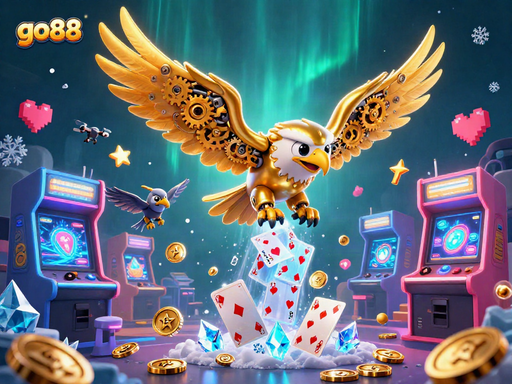 Engage with go88 online casino featuring a cybernetic eagle diving through vibrant holographic cards.