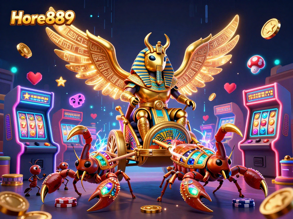 Experience thrill with Hore889's vibrant casino scene featuring a colossal scarab beetle amidst colorful arcade and slot symbols.