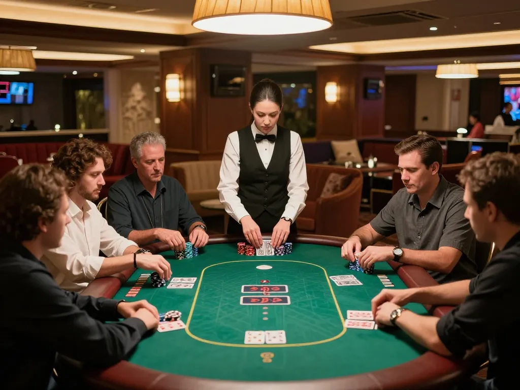 Melibatkan pemain dalam permainan poker di kasino yang semarak, menampilkan kegembiraan dan strategi oceangalleyseafood