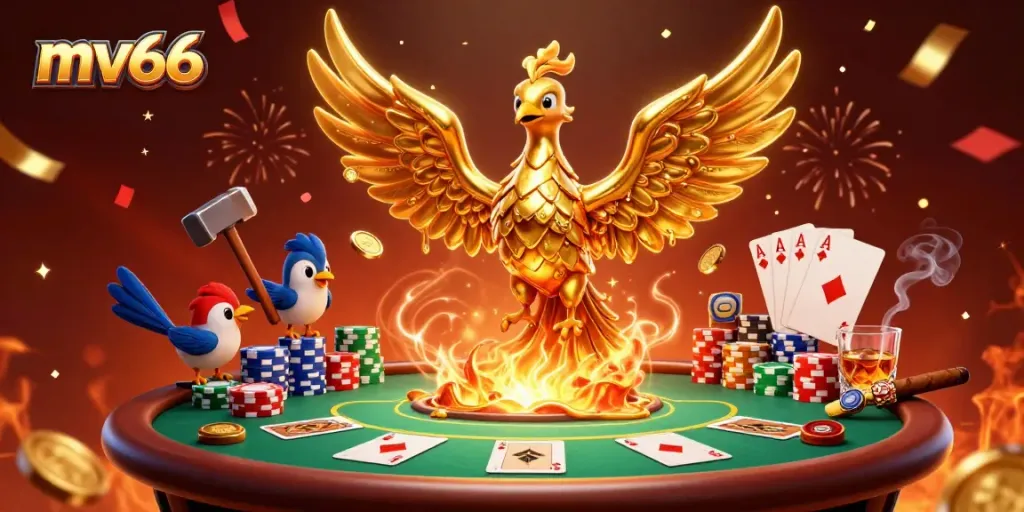 Experience thrilling gambling with mv66's golden phoenix emerging from molten gold, surrounded by vibrant casino elements.
