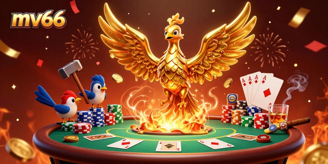 Experience thrilling gambling with mv66's golden phoenix emerging from molten gold, surrounded by vibrant casino elements.