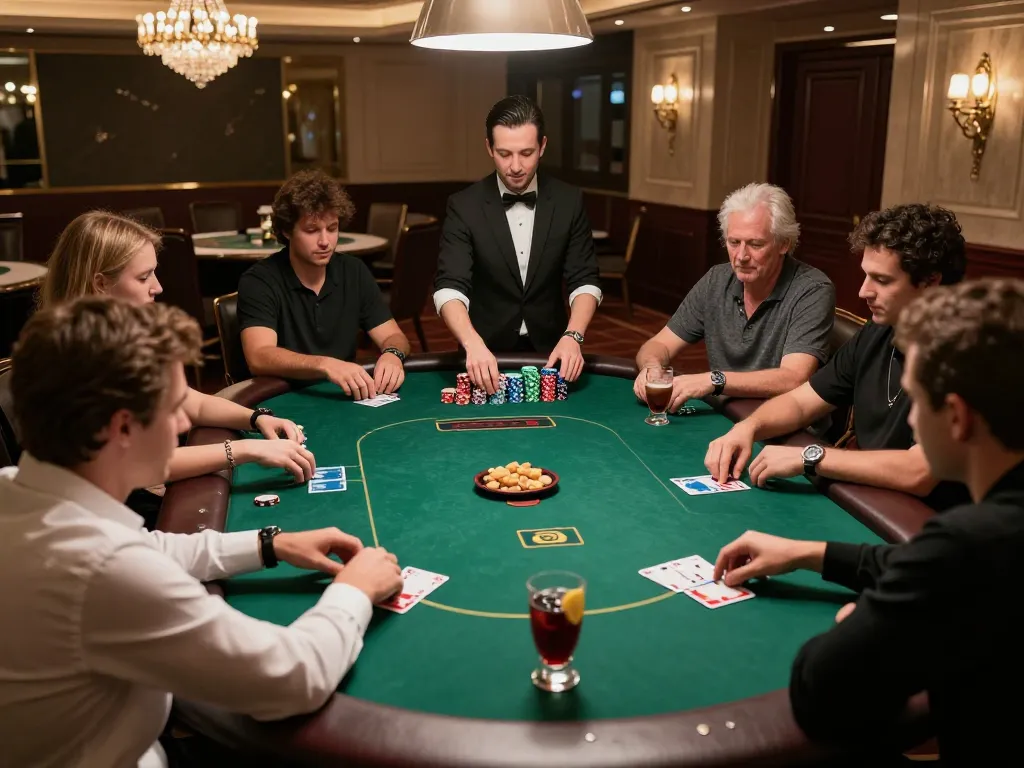 rokok 88 players engaged in high-stakes poker at luxurious VIP table illuminated by chandeliers