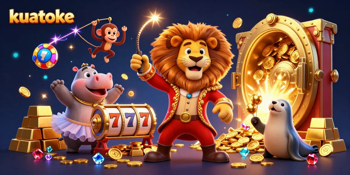 Kuatoke showcases immersive casino vibes with cartoon characters, gold treasures, and exciting slot games.