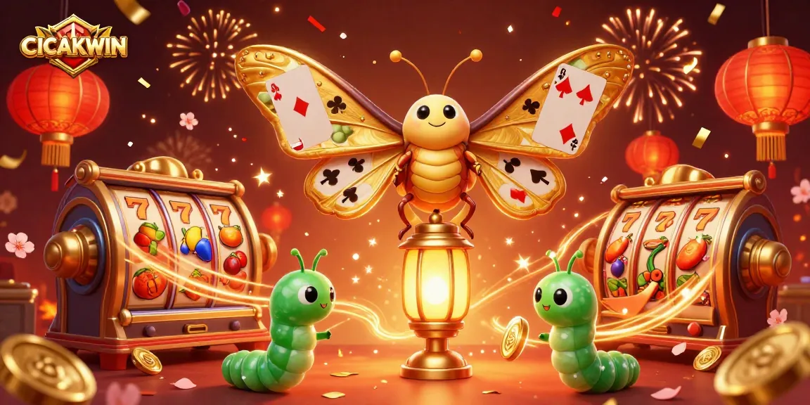 Experience exciting winnings with the dynamic CICAKWIN casino scene featuring a golden atlas moth and vibrant slot elements.