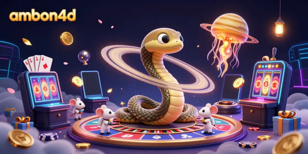 Experience thrilling gaming action with ambon4d's cosmos-inspired casino scene featuring vibrant characters and slot games.