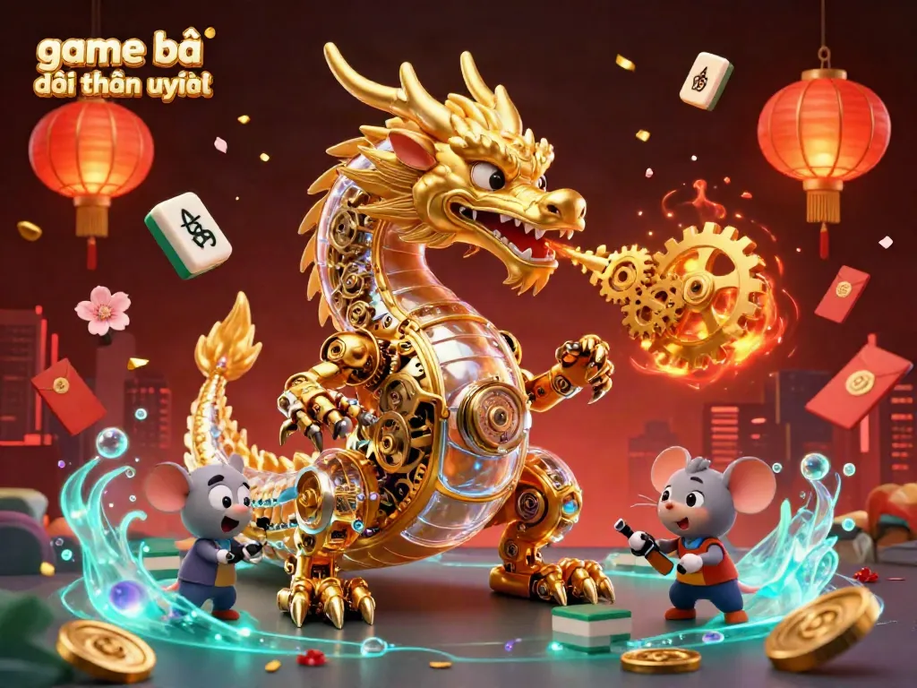 Experience the excitement of game bài đổi thưởng uy tín with a biomechanical dragon and festive elements in this vibrant illustration.
