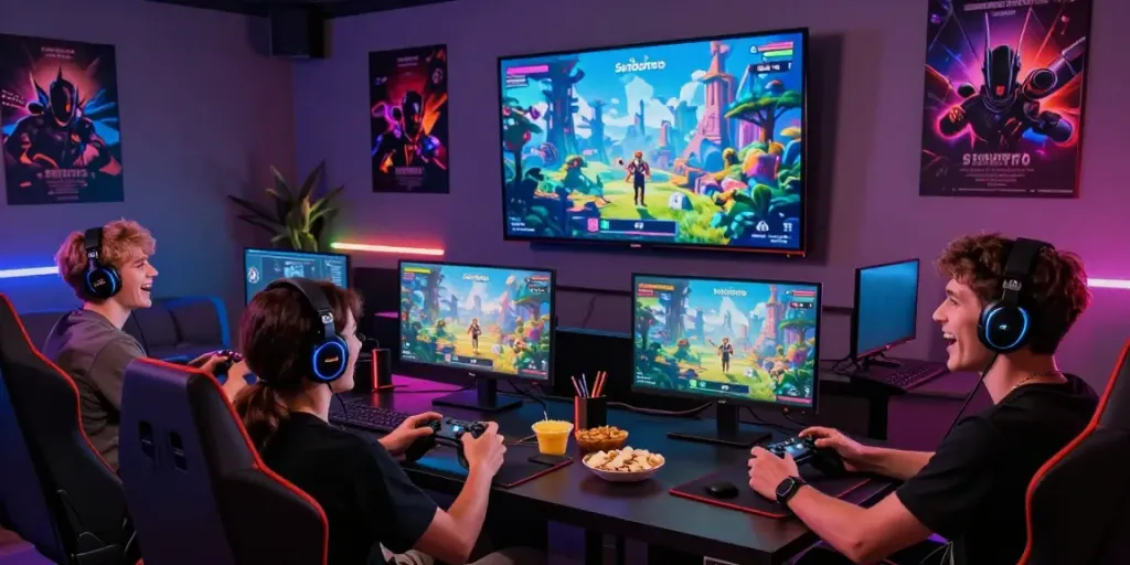 Group of friends enjoying Seributoto in an immersive gaming setup