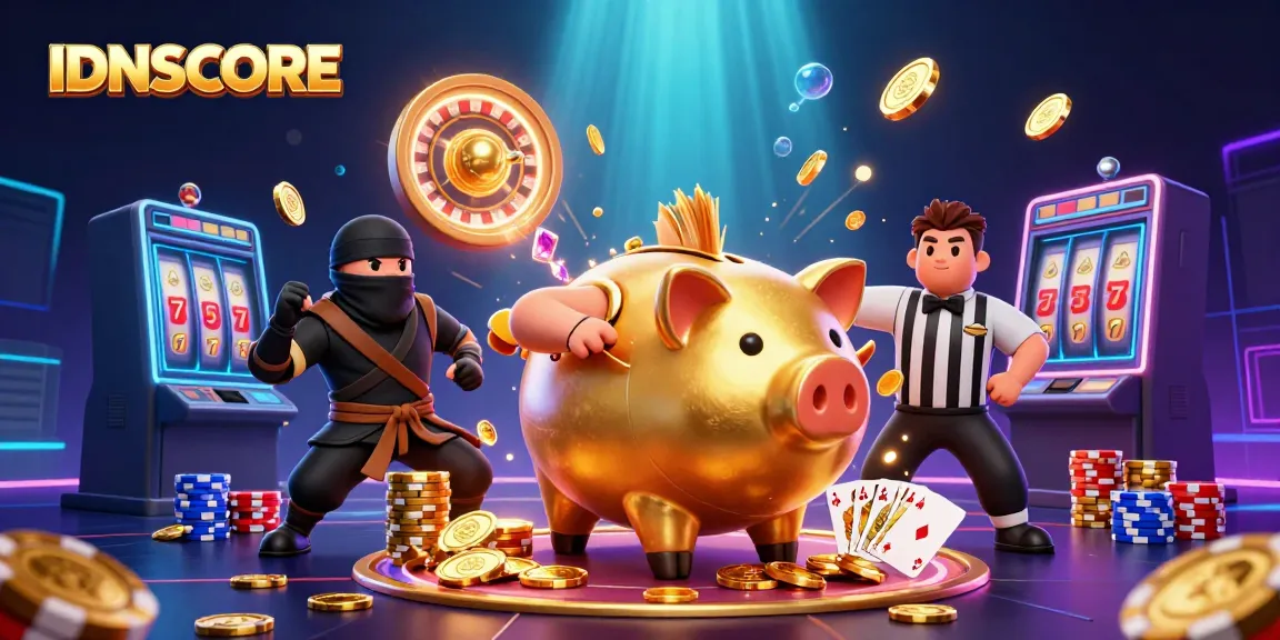 IDNSCORE showcases an epic scene with a sumo wrestler piggy bank amidst flying coins and vibrant casino elements.