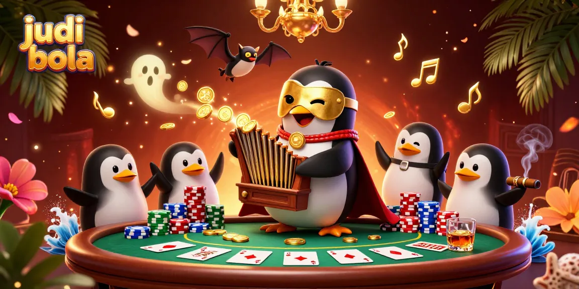 Engage in judi bola excitement with a vibrant illustration featuring a penguin and magical elements.