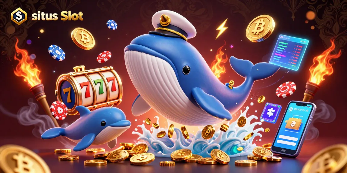 Engage with situs Slot featuring a majestic whale and playful dolphins amidst slot reels and neon cryptocurrency coins.