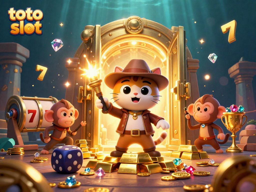Explore the thrilling world of toto slot in this vibrant 3D casino illustration featuring exciting elements like slot reels, golden treasures, and daring characters.