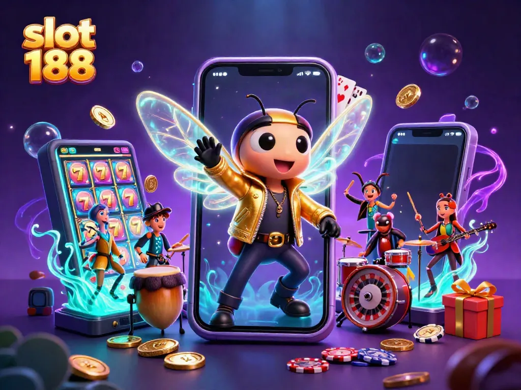 Menangkan jackpot dan nikmati permainan slot 188 dalam suasana meriah dengan cicada rock star dan drumer unik.