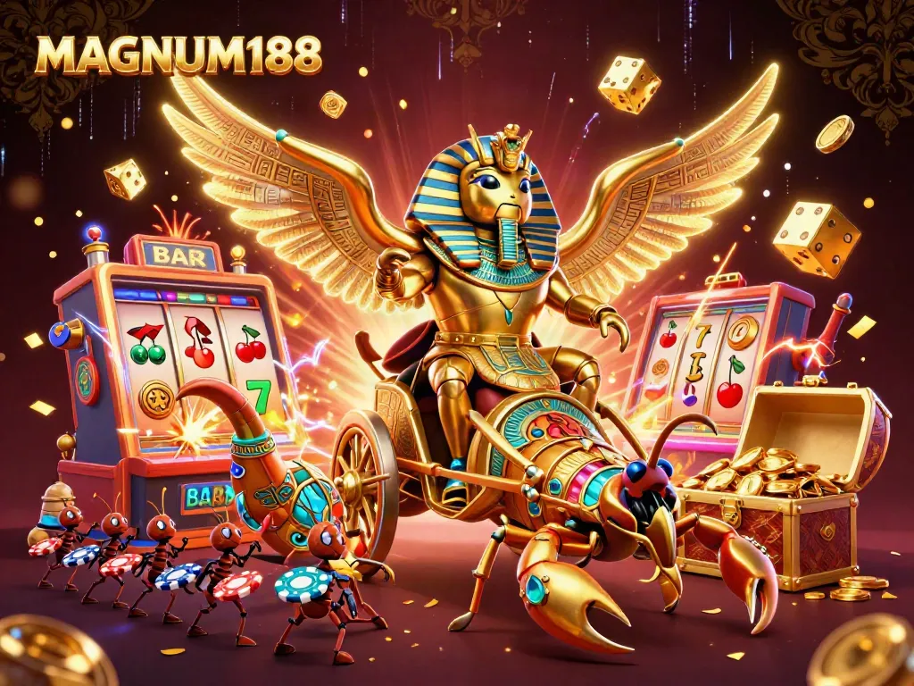 Engage with MAGNUM188's vibrant online gambling scene featuring a pharaoh-themed illustration with slot machines and treasures.