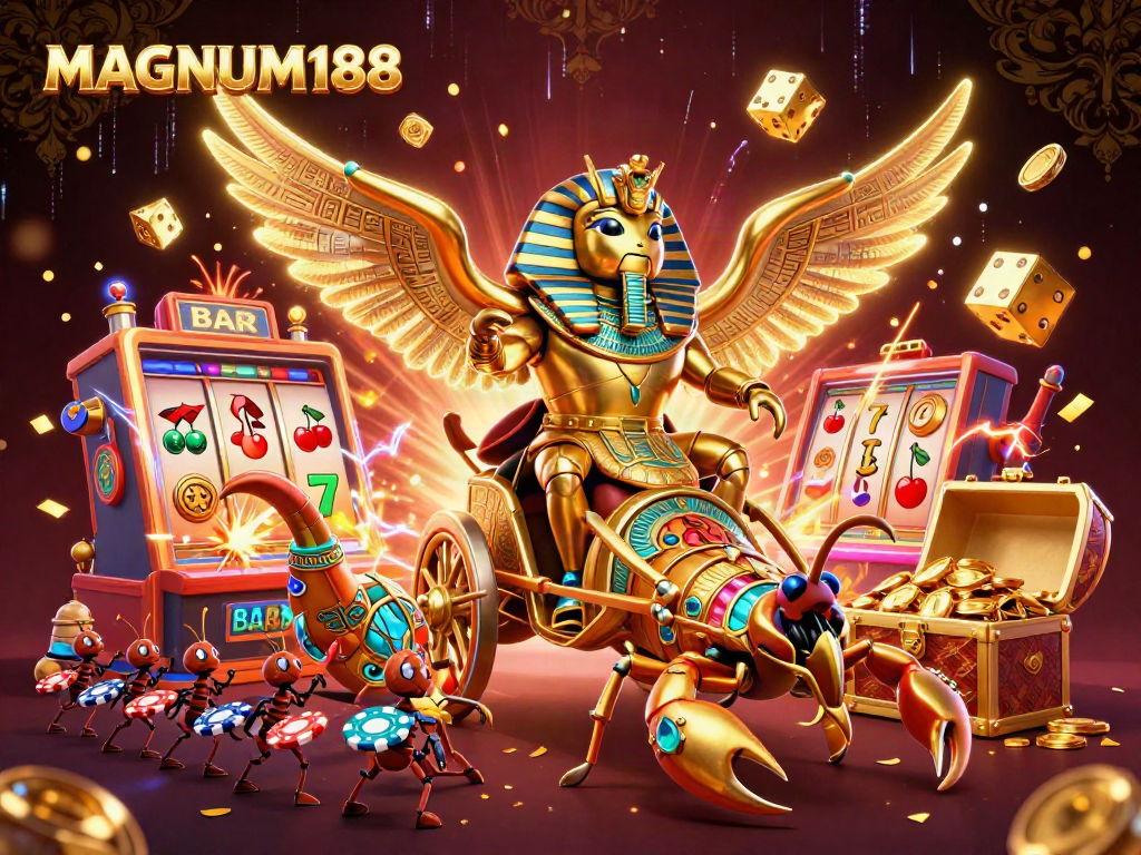 Engage with MAGNUM188's vibrant online gambling scene featuring a pharaoh-themed illustration with slot machines and treasures.