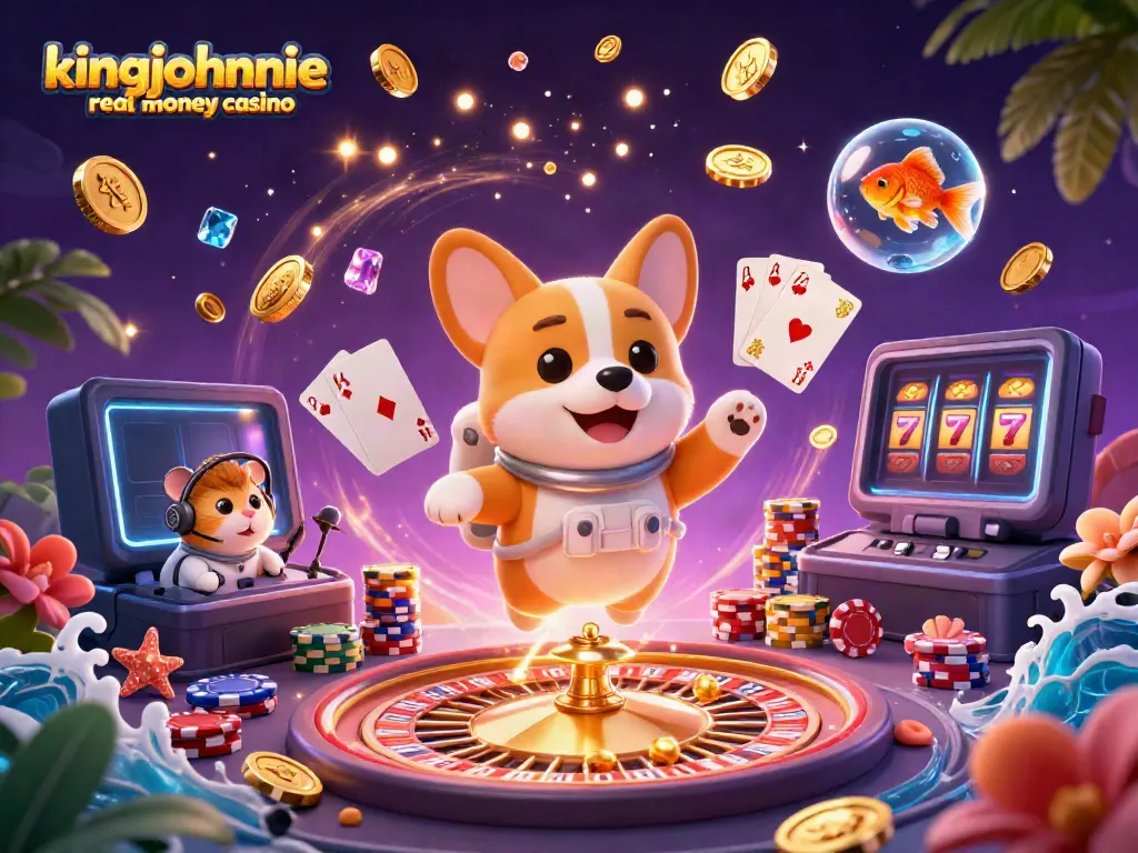 Engage with the kingjohnnie real money casino through a vibrant 3D illustration showcasing its exhilarating gaming environment.