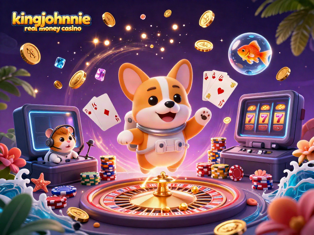 Engage with the kingjohnnie real money casino through a vibrant 3D illustration showcasing its exhilarating gaming environment.