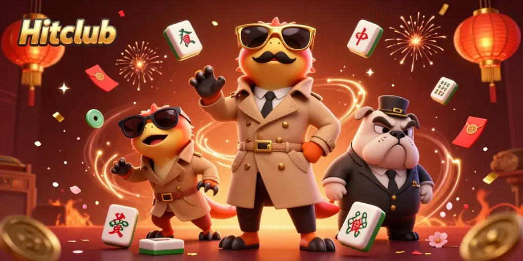 Engage with Hitclub's vibrant casino scene featuring three raptors in disguise, surrounded by festive elements.