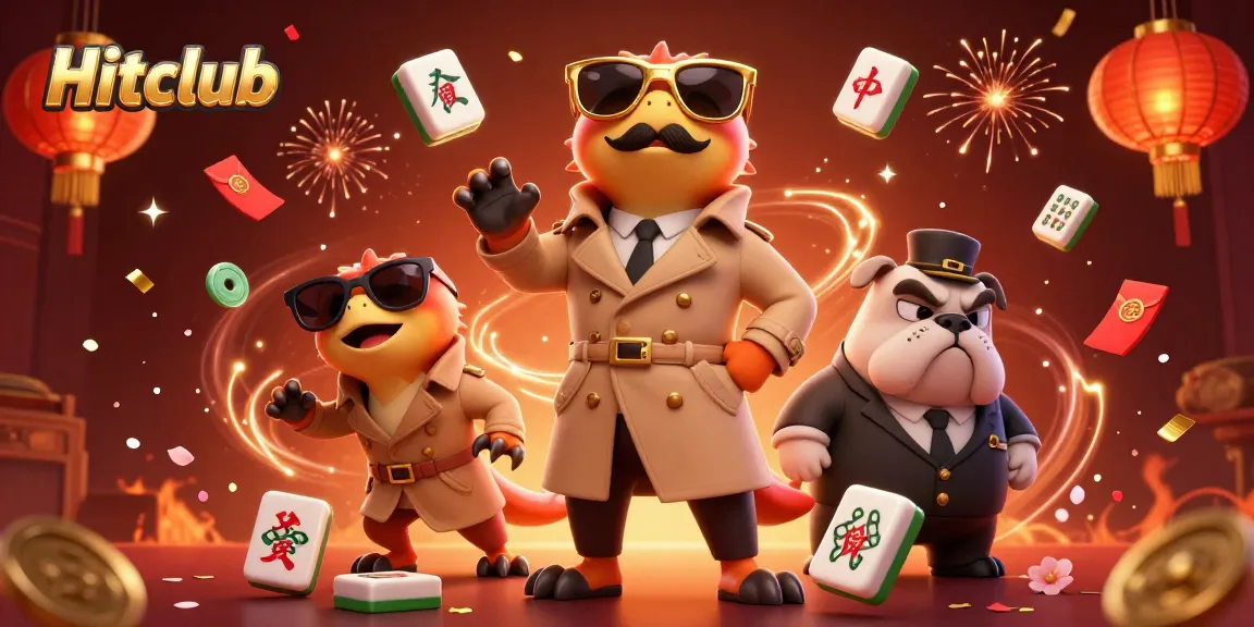 Engage with Hitclub's vibrant casino scene featuring three raptors in disguise, surrounded by festive elements.