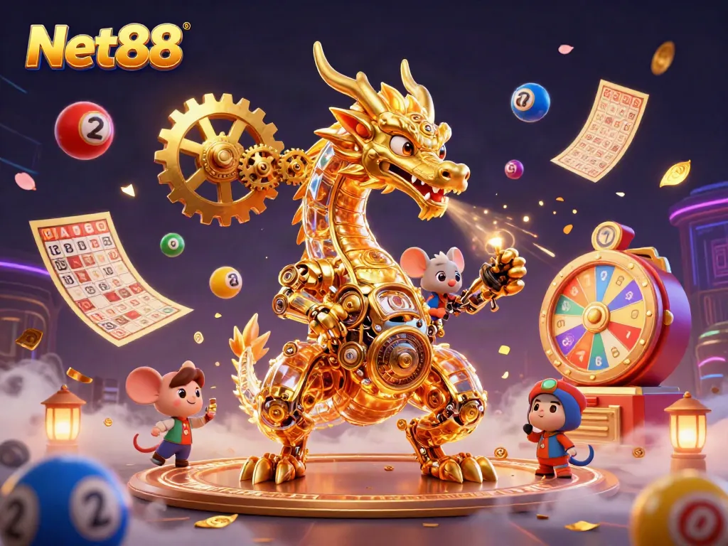 Experience the excitement of Net88 with a golden dragon surrounded by vibrant lottery balls and gaming elements.