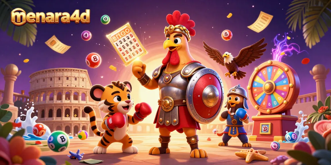 Menara4d menghadirkan ilustrasi gladiator ayam, dengan bola lotere dan efek hujan uang.