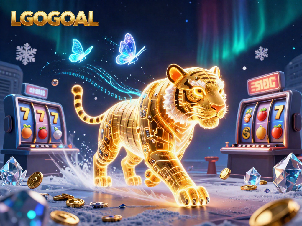 Engage with the immersive LGOGOAL digital casino experience, featuring a vibrant golden tiger among animated slot elements.