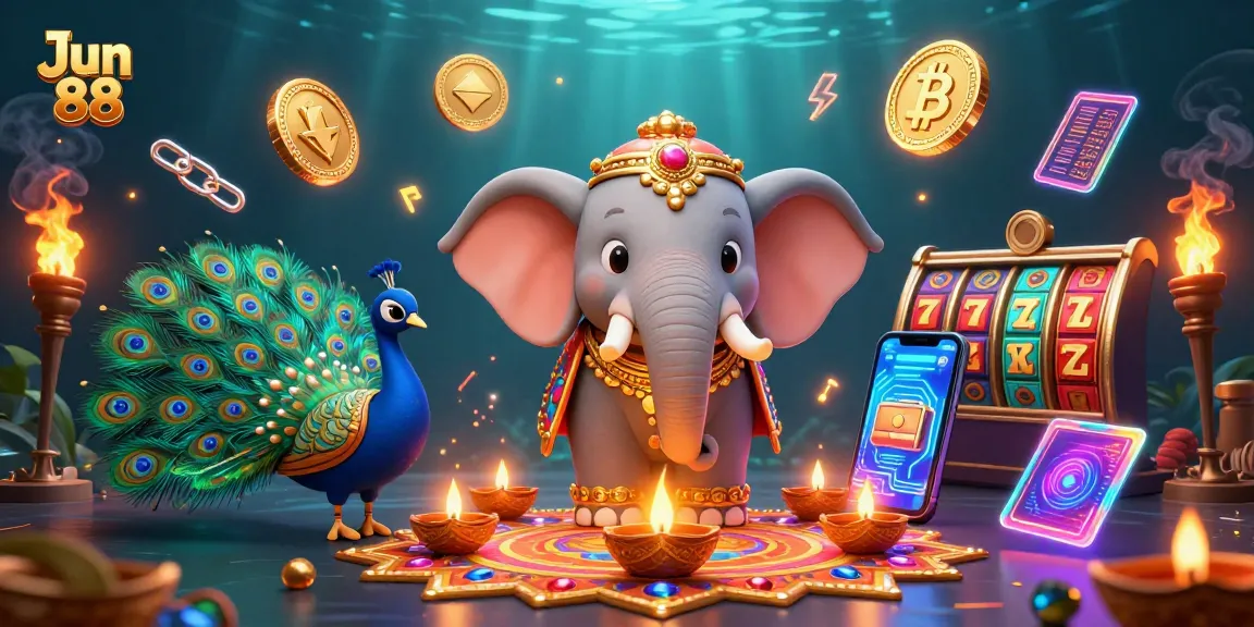 Win big with Jun 88 at this vibrant online casino illustration featuring traditional and trendy elements.